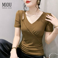 Miou 2023 Mùa Hè Cổ Chữ V Đính Hạt Tay Ngắn Lưới Áo Thun Nữ Thời Trang Han Quạt Bong Bóng Tay Thể Hiện Lớp Lót Mỏng Xu Hướng Thời Trang