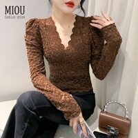 Miou 2025 Mùa Thu Lớn Nữ Mới Slim Fit Dài Tay Ren Cổ Chữ V Cho Nữ Áo