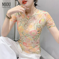 Miou Mùa Hè 2023 Hàn Quốc Mới In Hoa Áo Thun Nữ Cổ Tròn Slim Fit Slim Áo Chui Đầu Tay Ngắn 3XL Lưới Co Giãn Hàng Đầu Kích Thước Hợp Thời Trang