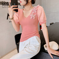 Miou Mùa Hè 2023 Mới Bong Bóng Tay Màu Hồng Top Hoa Đính Hạt Thời Trang Cổ Chữ V Áo Thun Nữ