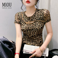 Miou Mùa Hè 2023 Mới Phiên Bản Hàn Quốc Cổ Tròn Da Báo In Hình Với Đính Hạt Tay Ngắn Lưới Áo Thun Nữ Thời Trang Slim Fit Thời Trang Đế Lót Xu Hướng