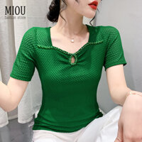 Miou Mùa Hè 2023 Mới Slim Fit Đơn Giản Đính Hạt Áo Thun Nữ Tay Ngắn Thời Trang Rỗng Ra Đa Năng Ren Top 3XL
