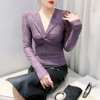 Miou Mùa Thu 2024 Mới Thời Trang Giảm Béo Đáy Áo Sơ Mi Gợi Cảm Thời Trang Thêu Ren Top Cổ Chữ V Tay Dài Màu Tím Áo Thun Nữ Hợp Thời Trang