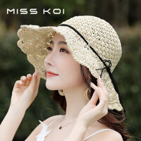 Misskoi [Sẵn Sàng] Mùa Hè Handmade Móc Rơm Mũ Che Nắng Có Thể Gập Lại Mũ Đi Biển Nhỏ Tươi Rỗng Mũ Vành Lớn
