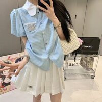 MIU MIU New College Shirt Women's Bubble Sleeve Short-Sleeve Blue Design Striped ShirtinsSummer