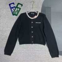 Miu MIU3516 Sản phẩm mới Áo len Cardigan cổ tròn đính cườm cổ tròn dành cho nữ
