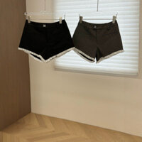 MIUMIU New Style Slimming and Leg-Lengthening Pleated Color-Block Ruffled Mini Shorts in Black and Gray