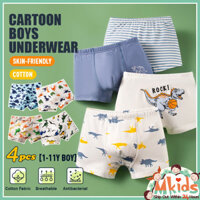 [MKIDS Fashion] Quần lót boxer 4 chiếc/hộp cho bé trai từ 1-12 tuổi chất liệu cotton nguyên chất thoáng khí họa tiết khủng long hoạt hình mùa hè