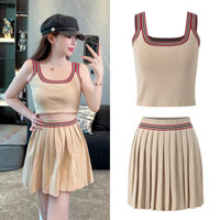 MKPW Self-Portrait Gentle Academy Style Color-Block Striped Vest2024Summer New Pleated Skirt Short Skirt Knitted Suit Skirt for Women