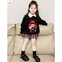 MLS 3097 - Bộ nỉ Melisa áo nỉ Labubu màu đen cổ trắng rời + chân váy kaki kẻ đỏ size 2-12y
