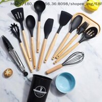 [Mmbb] 12 Dụng Cụ Nhà Bếp Silicon Thìa Xẻng Thìa Canh Dụng Cụ Nấu Ăn Có Xô Bảo Quản Tay Cầm Gỗ Chống Dính Tiện Ích Nhà Bếp OHG