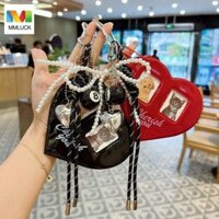 Mmluck Dệt Dây Móc Khóa, Màn Hình Ảnh 2 Inch Màu Đen Trái Tim Đựng Thẻ, Trang Trí Túi Y2K Da Pu DIY Xe Móc Khóa Nữ