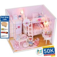Mô hình NHÀ BÚP BÊ bằng gỗ có đèn led CĂN NHÀ MÀU HỒNG Pink Girl Tặng kèm Mica che bụi và dụng cụ lắp ráp Toystationvn
