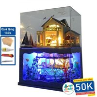 Mô hình nhà búp bê bằng gỗ có đèn led Mẫu Bãi Biên Hawi Tặng kèm dụng cụ lắp ghép, mica che bụi ToyStation