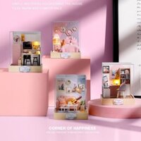 Mô hình nhà DIY Doll House Corner Of Happiness Kèm Mica chống bụi, Bộ dụng cụ và Keo dán