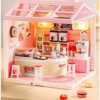 Mô hình tự lắp ghép nhà búp bê, nhà cho smiski diy BẰNG NHỰA ABS 0411A - Trà sữa (TẶNG MÁI + 2 CỬA)