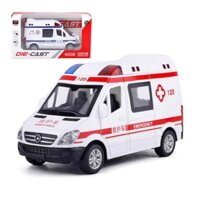 Mô hình xe ô tô cứu thương bằng sắt đồ chơi trẻ em có đèn và âm thanh mở được các cửa