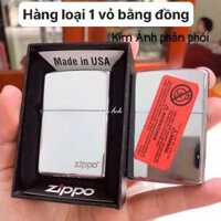 Mô hình ZIPPO màu trắng bạc loại trơn bóng, Kim Ánh nhập hàng cao cấp vỏ bằng đồng có dán tem đỏ