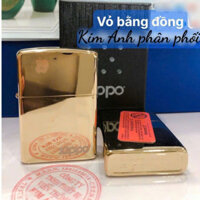 Mô hình ZIPPO màu vàng loại trơn bóng, Kim Ánh nhập hàng cao cấp vỏ bằng đồng có dán tem đỏ