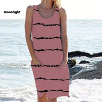 Mo Nữ Mùa Hè Đi Biển Đầm Không Tay Tug Áo Vest Đầm Sọc Không Tay Xe Tăng Đầm Có Túi Đi Biển Mùa Hè Sundress Cho Nữ Đồ Bơi Che Áo Cổ Tròn