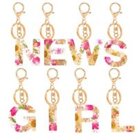 Móc khóa hoa khô ép hoa chữ tiếng Anh, trang sức nhựa pha lê thời thượng, móc khóa nữ, mặt dây chuyền cánh hoa cúc nữ