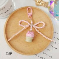 Móc khóa mini Cute pig ice cream chuỗi hạt tròn thắt bow nơ