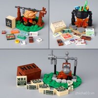 MOC Thực phẩm quân đội Nga Pháp Mỹ, miếng in hình lửa trại, khẩu phần thực phẩm, phụ kiện minifigure, hạt nhỏ, khối xây dựng, đồ chơi