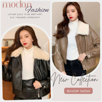 (Moclanclothing) áo da sần mềm có cổ lông tách rời/ áo khoác mùa đông cổ lông