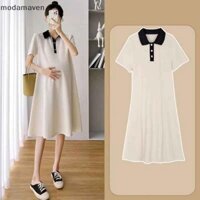 [Modamaven] Váy bà bầu mùa hè Váy ve áo bà bầu Váy chữ A dáng rộng nguyên chất Váy chữ A giản dị và thoải mái [TH]