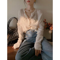 Mohair Trắng Mềm Mại Mỏng Phong Cách Đất Cardigan Móc Áo Len Phù Hợp Với Nữ Đan Giảm Tuổi Thu Đông 2025 Ba Chiều