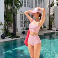 Mohan 3 Màu 2024 Hàn Quốc 2 Mảnh Mới Sọc đồ bơi gợi cảm Đơn Ngực cạp cao xẻ tà Tam Giác Đồ Bơi Cho Phụ Nữ