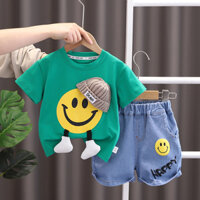 Mới Bé Trai Bé Gái Quần Áo Mùa Hè Cotton Nụ Cười Thể Thao Phù Hợp Với Trẻ Sơ Sinh Áo Quần Short Denim Trẻ Em Quần Áo Phù Hợp Với Bộ 0-6 Tuổi