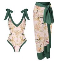 Mới Châu Âu Mỹ Một Mảnh Bikini Mỏng Hơn Nhìn Retro Voan Váy Dài Chống Nắng Retro In Hình Đồ Bơi Hai
