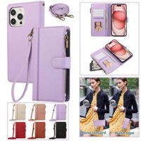 Mới Dây Kéo Ví Dành Cho iPhone 13 12 11 Pro Max Plus XR XS Max X 8 7 Plus Da Flip Case Chân Đế Khe Cắm Thẻ Giá Đỡ Dây Đeo Vai Bao Nữ Cô Gái Quà Tặng
