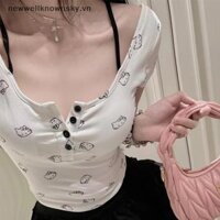 Mới Hàn Quốc Dễ Thương Hello Kitty In Hình Áo Thun Nữ Tay Ngắn Có Miếng Lót Ngực Giả Hai Mảnh Crop Top SKY