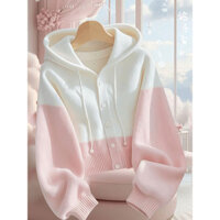 [Mới hôm nay] Áo len cardigan dệt kim liền mũ phối bên ngoài đường khâu hồng trắng nhẹ nhàng ngọt ngào, tươi tắn, áo dài tay trẻ trung dễ thương phong cách Hàn Quốc sành điệu Instagram