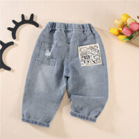 Mới Kid Bé Trai Quần Denim Xuân Thu Co Giãn Eo Hoạt Hình Miếng Dán Túi Trẻ Em Bé Trai Quần Jean