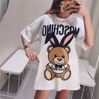 Mới Moschino / Áo Thun Nữ Ngực Thỏ Gấu In Hình Rời Cổ Tròn Cotton Tay Ngắn In Hình Mùa Hè