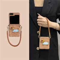 Mới Ngộ nghĩnh Thêu Con Chó Con Màu Nâu Ốp Lưng Có Dây Xích Da Cho Samsung Galaxy ZFlip 6 ZFlip 6 ZFlip 5 ZFlip 5 Bao