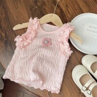 Mọi Người Khen Ngợi 2025 Bé Gái Bé Gái Dễ Thương Họa Tiết Ren Hoa Áo Thun Không Tay Top Bé Gái Tay Ngắn 0306