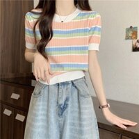 Mới Phong Cách Hàn Quốc Phong Cách Nhẹ Nhàng Màu Sắc Tương Phản Áo Thun Nữ Cổ Tròn Thiết Kế Sọc Cảm Giác Mỏng Hơn Nhìn Ngắn Tay Top / 2.20 Mango