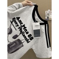 Mới phong cách retro Hàn Quốc họa tiết tai nghe 100% cotton oversize áo thun ba sọc tay ngắn