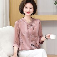 Mới Phong Cách Trung Hoa Mẹ Mặc Cao Tay Ba Phần Tư Phù Hợp Với Áo Sơ Mi Nhỏ Trung Niên Người Cao Tuổi Nữ Thời Trang Áo Thun Màu Hoa Top