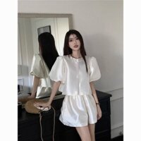 Mới Phong Cách Trung Hoa Retro Puff Áo Sơ Mi Tay Ngắn Top Cao Cấp Quần Short Ống Rộng Nữ Cao Cấp Cảm Giác Bộ Đồ Hai Mảnh✨0321✨