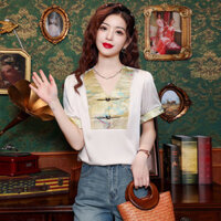 Mới phong cách Trung Quốc phong cách Trung Quốc thêu khóa áo sơ mi voan mùa hè 2024 mới thời trang v-cổ giảm béo trẻ trung tìm kiếm Ngắn Tay Áo sơ mi