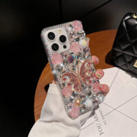 Mới Sang Trọng Bling Kim Cương Giả 3D Bướm Hoa Hồng Hoa Full Kim Cương Ốp lưng iPhone 15 14 13 12 Promax 14 15 6 7 8 Plus X XR XSMax 12 13 Mini Ốp Lưng