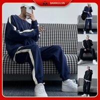 Mới Set Áo Thun Dài Tay Sọc Ngang + Quần Dài Ống Rộng đồ bộ nam Thời Trang Set đồ nam ulzzang bộ quần áo nam