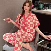 Mới Thời Trang Hàn Quốc Nữ Lụa Satin Bộ Đồ Ngủ Kimono Nữ Tay Ngắn Đồ Ngủ Bộ Đồ Ngủ Thích Hợp Homewear Quần Áo