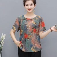 Mới Trung Niên Và Người Cao Tuổi Áo Thun Nữ Quần Áo Bà Ngoại Rời Áo Thun plus Size Mẹ Mùa Hè Quần Áo Top Cũ Cổ Tròn Tay Ngắn