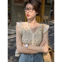 [Mới về]-Áo lưới đi biển , sơ mi len móc kiểu cánh tiên cổ V cài khuy hàng QC